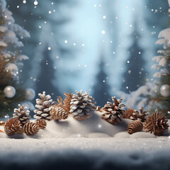 A winter scene with pinecones, red berries and falling snow, in the background a snowy forest can be seen