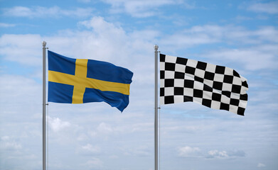Checkered racing and Sweden flags, country relationship concept