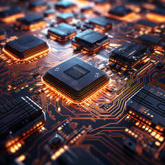 Up close image of computer micro electronics and computer chips on a lit up electronics board
