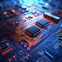 Up close image of computer micro electronics and computer chips on a lit up electronics board