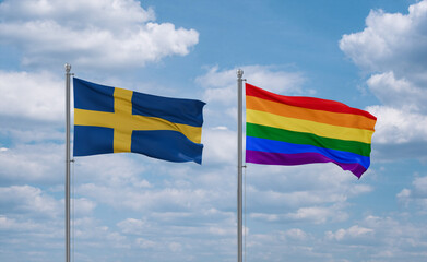 Gay Pride and Sweden flags, country relationship concept