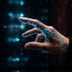 A persons hand touching a interactive hologram computer display that has glowing lights and shows interactive data