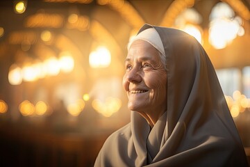 A joyful Catholic nun, in a veil, radiates faith and devotion in her portrait. - obrazy, fototapety, plakaty