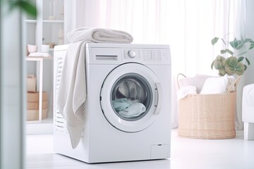 A modern laundry room in a clean, well-kept home, featuring a white washing machine and hygiene essentials.