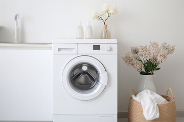 A modern, white laundry room with washing machine and tidy interior, symbolizing household cleaning and care. - obrazy, fototapety, plakaty