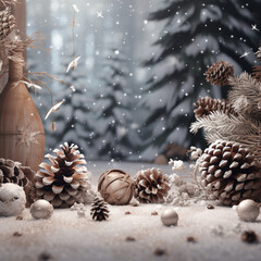 A winter scene with pinecones, red berries and falling snow, in the background a snowy forest can be seen