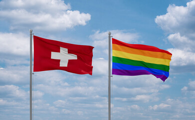 Gay Pride and Switzerland flags, country relationship concept