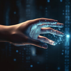 A persons hand touching a interactive hologram computer display that has glowing lights and shows interactive data