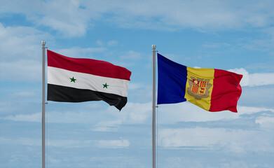 Syrian and Andorra national flags, country relationship concept