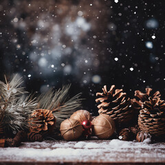 A winter scene with pinecones, red berries and falling snow, in the background a snowy forest can be seen