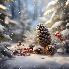 A winter scene with pinecones, red berries and falling snow, in the background a snowy forest can be seen