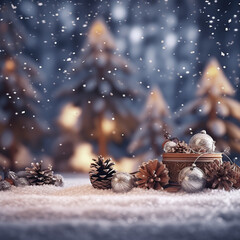 A winter scene with pinecones, red berries and falling snow, in the background a snowy forest can be seen