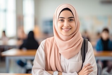 Back to school. Middle eastern muslim school female teenage student posing at the classroom looking at the camera - obrazy, fototapety, plakaty