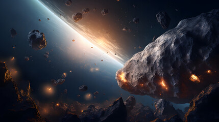 Beautiful starship extracting minerals on an asteroïd - obrazy, fototapety, plakaty