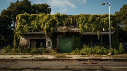 A closed and boarded-up community center with an overgrown lawn.