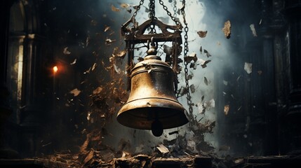 A cracked bell in a church tower, symbolizing a fractured community. - 669276357