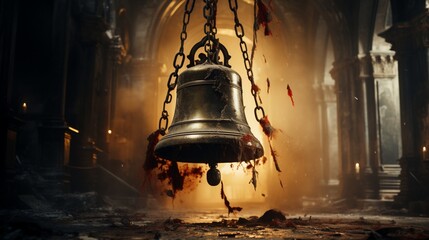 A cracked bell in a church tower, symbolizing a fractured community. - obrazy, fototapety, plakaty