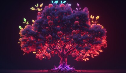 Red delicious apple tree neon light illustration Ai generated art