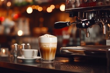 A glass of coffee with milk in the foreground on a bar counter, coffee machine in the background. - obrazy, fototapety, plakaty