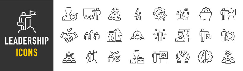 Leadership web icons in line style. Vision, teamwork, goal, strategy, skill, collection. Vector illustration.