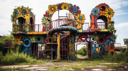 A playground covered in graffiti and overgrown with weeds.