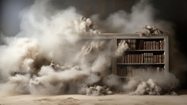 A pristine bookshelf with unread books covered in dust.