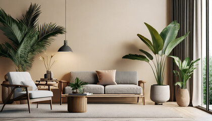 modern living room interior with beige wall, gray and wooden furniture and tropical plants with palm leaves, 3d rendering