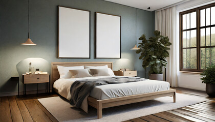 empty frames mock up above bed in modern bedroom interior, 3d render