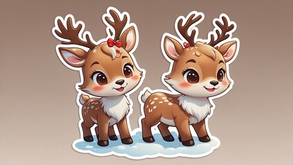 Cute stickers, style cartoon, two-dimensional, Detailed illustration of a Christmas reindeer, with many heart-shaped clouds in the background, highly detailed. Generative AI.