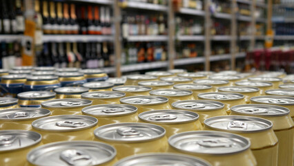 Close-up of many cans with alcohol beverage in alcohol department