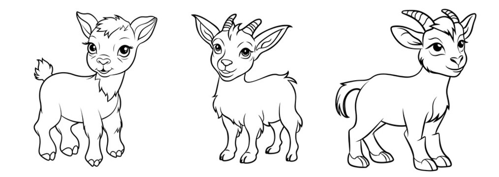 Cute goat or goatling kid, simple thick lines kids or preschool children cartoon coloring book pages. Generative AI