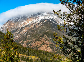 First snow in Rocky Mountain National Park with autumn colors aspens in the foreground