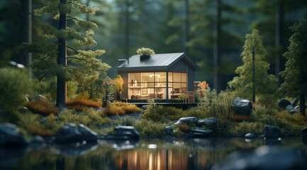 Fototapeta na wymiar Eco-Friendly Cottage in a Tilt-Shift Forest Near the Lake