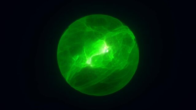 Energy abstract green sphere of rapidly shimmering glowing liquid plasma, electric magic round energy ball with bursts of energy background