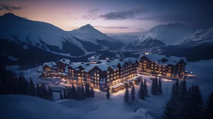 Fotobehang Alpine Elegance Unleashed: Embrace the Night at Our Luxurious Snowy Mountain Retreat! © 47Media