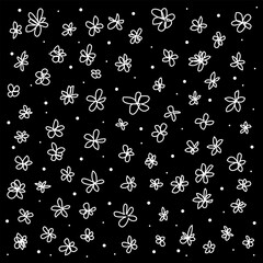 Vector texture in the form of a contour pattern of white flowers drawn by hand on a black background in doodle style