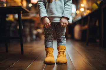 Foto op Aluminium little girl in yellow socks is standing on a wooden floor © AnastasiiaAkh