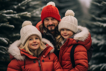 Fototapeta premium Happy family with kids in red jackets and hats walking in winter forest