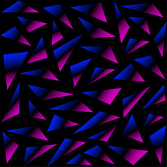 Abstract background with triangles. Vector black pattern. Glass, crystal elements. Pink, purple, blue	