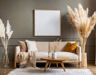 Blank horizontal poster frame mock up in scandinavian style living room interior, modern living room interior background, beige sofa and pampas grass
