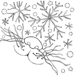 Smiling Cat and Snowflakes. Winter, snow. Christmas, New Year. Black and White Adult Coloring Book Page. 