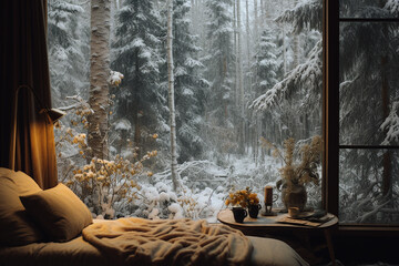Beautiful winter landscape with snow-covered forest and the window.