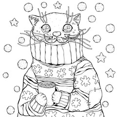 A Сat in a sweater with a cup of coffee in the snow. Christmas, New Year. Black and White Adult Coloring Book Page. 