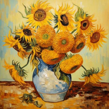 Beautiful vincent van gogh sunflowers vase inverted wallpaper image AI generated art