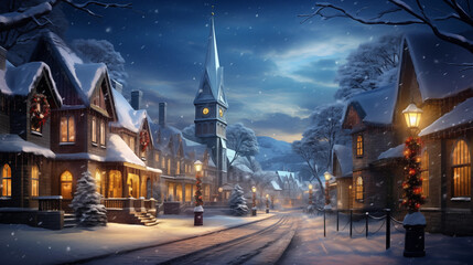 Christmas Decorated Snowy Street with Church - obrazy, fototapety, plakaty