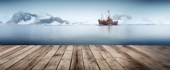 Empty rustic old wooden boards table copy space with cold arctic sea, small fishing boat and some snow covered mountains in background. Winter weather product display template. Generative AI