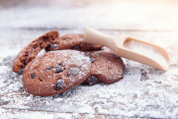 Shortbread cookies with chocolate chips on wooden background sprinkled with powdered sugar. Fresh pastry.