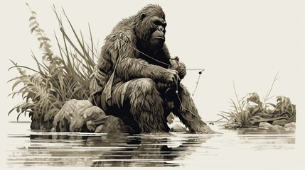 Bigfoot fishing vector white bg high detail animal image AI generated art - obrazy, fototapety, plakaty