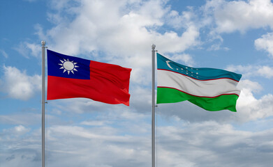 Uzbekistan and Taiwan flags, country relationship concept