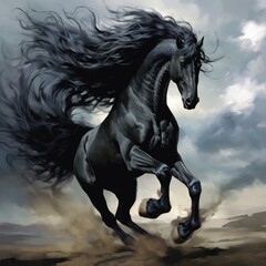 Obraz na płótnie Canvas Black friesian horse animal royale riding illustration picture AI generated art